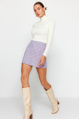 Purple Zipper And Slit Tweed Regular Waist Mini Knit Skirt Twoaw24et00146