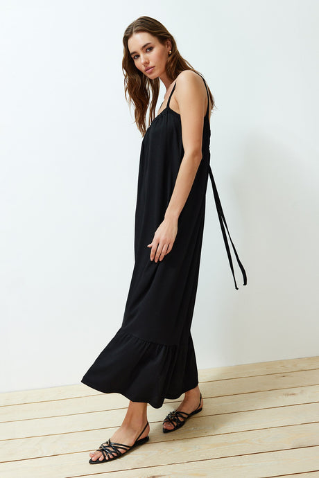 Black Back Detailed Strappy Rucks/textured Maxi Knitted Dress Twoss24el00259