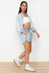 Light Blue Elasticated Waist High Waist Denim Shorts Twoss24sr00133