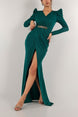 Deep Slit Long Sleeve Plastic Chain Detailed Evening Dress And Graduation Dress 582260 722 Mat-722