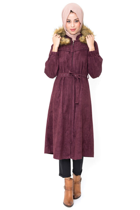 Elegant Zipper Belted Burgundy Pudding Coat 3152 T19kb3m3152