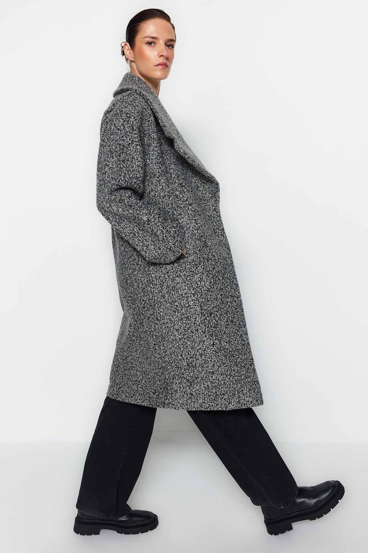 Anthracite Oversize Wide Cut Long Woolen Cashmere Coat Twoaw23kb00168