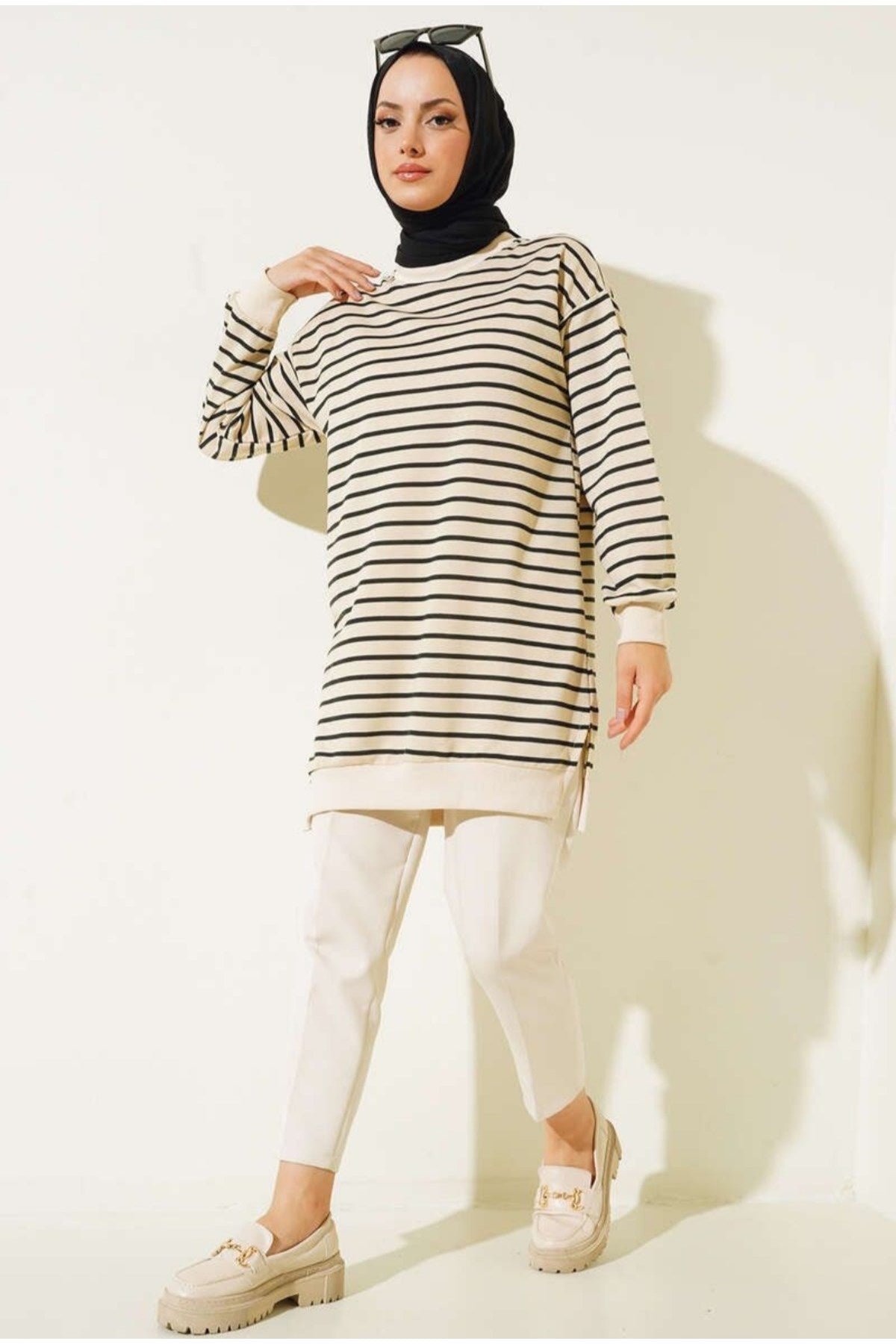 Two Strand Hijab Tunic Striped Sweatshirt Autumn546