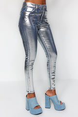 Grey Shiny Metallic Printed High Waist Skinny Jeans Twoaw24je00223