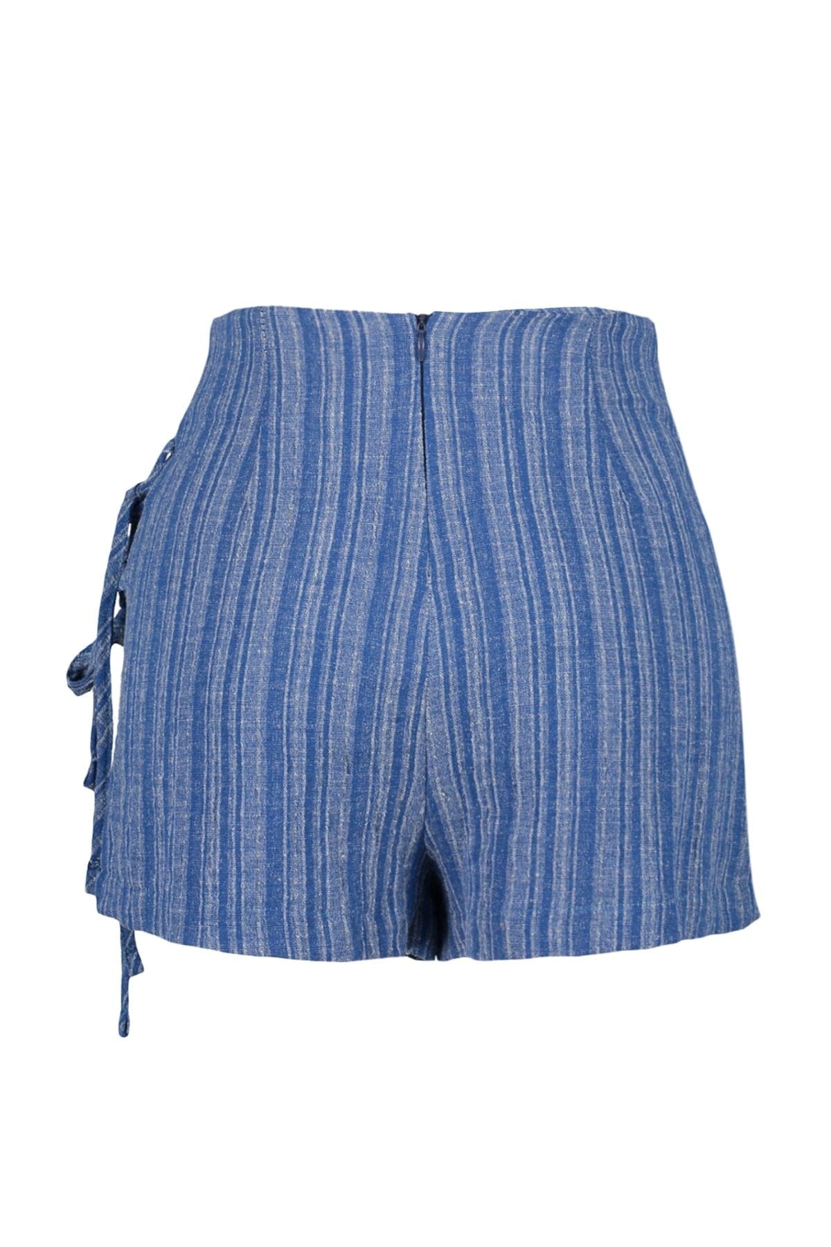 Blue Woven Tie Linen Blend Shorts Skirt Tbess23sr00044