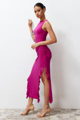 Fuchsia Bodycone Zero Sleeve Slit Ruffle Detailed Flexible Thick Sandy Maxi Pencil Dress Twoss24el00