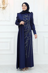 Women's Navy Blue Embroidery Detailed Evening Dress T 3653 24yabltr3653