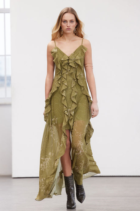 Limited Edition Khaki Floral Pattern Ruffle Chiffon Evening Dress Tprss24ae00050