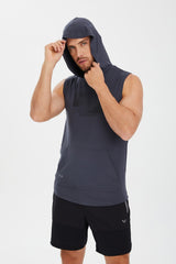 Men's Blue Cotton Plain Printed Pocket Hooded Sleeveless Casual Sports Zero Sleeve Athlete T-shirt T