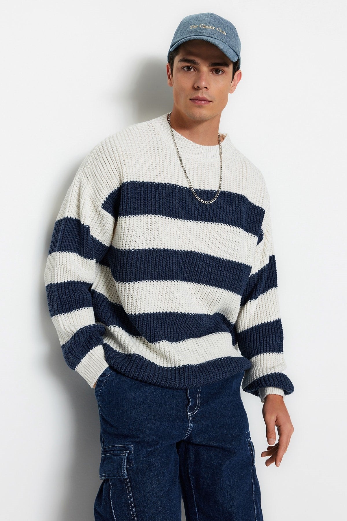 Camel Mens Oversize Fit Wide Pattern Crew Neck Striped Knitwear Sweater Tmnaw23kz00106