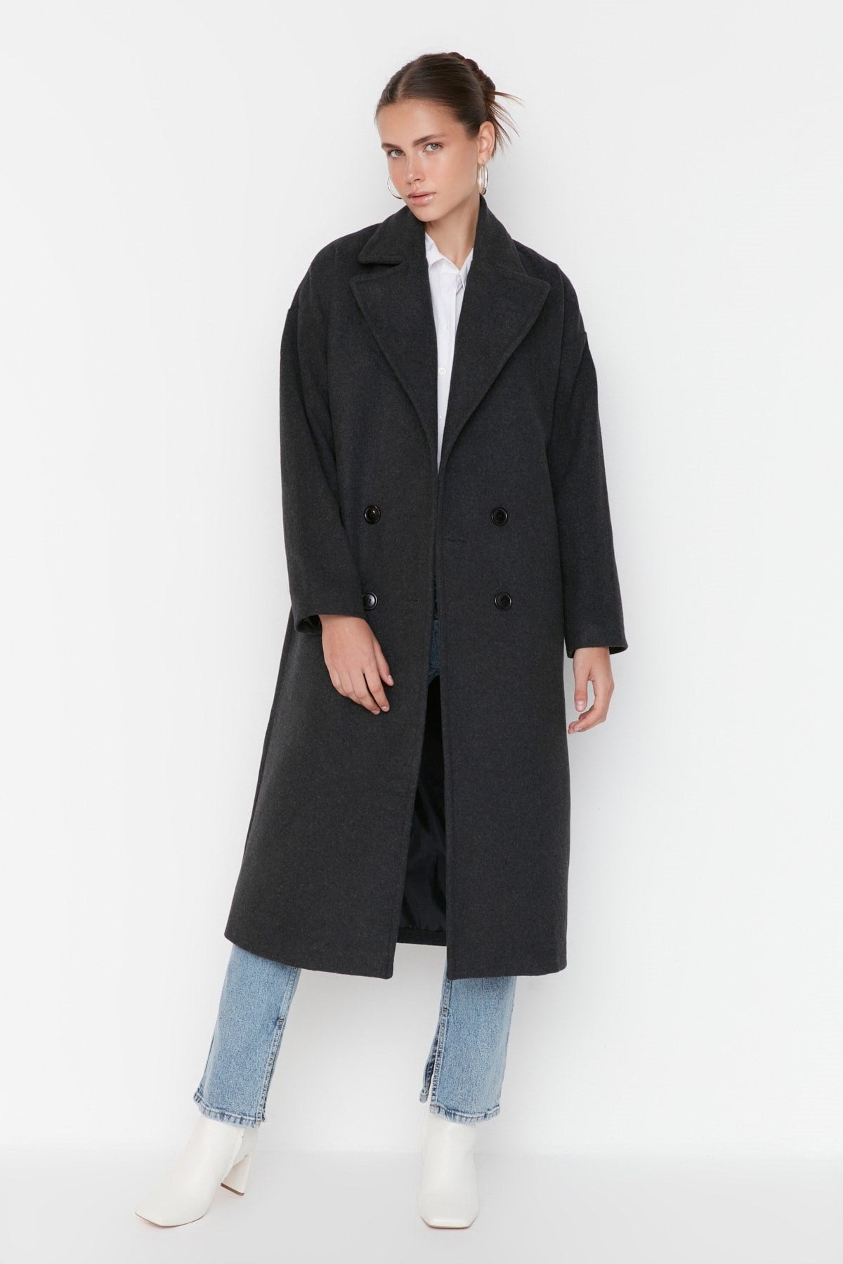 Anthracite Oversize Wide Cut Long Woolen Cashmere Coat Twoaw21kb0038