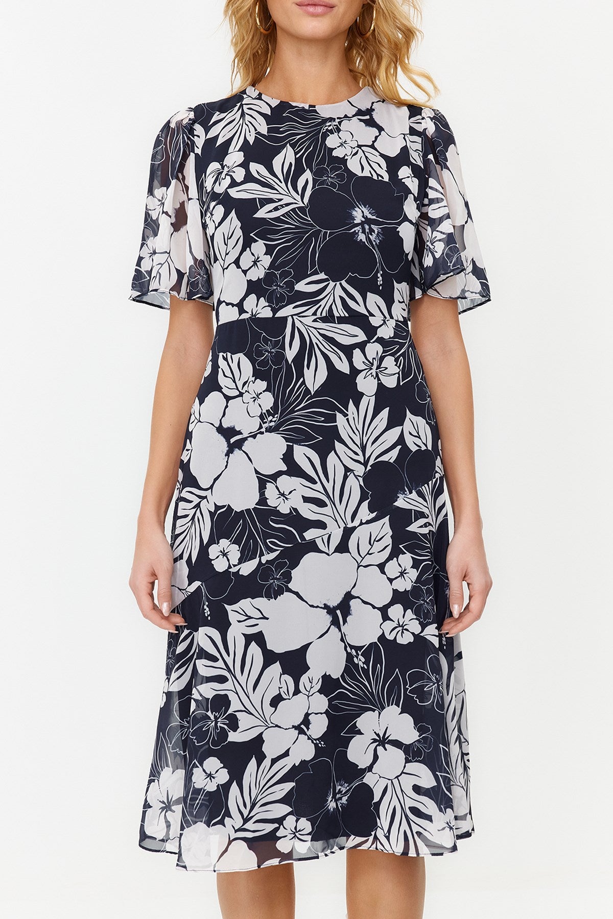 Navy Blue Floral Print A Cut Lined Midi Woven Dress Twoss20el0908