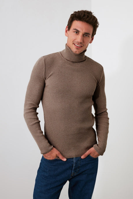 Grey Men's Slim Fit Turtleneck Ribbed Knit Basic Sweater Tmnaw20mg0031