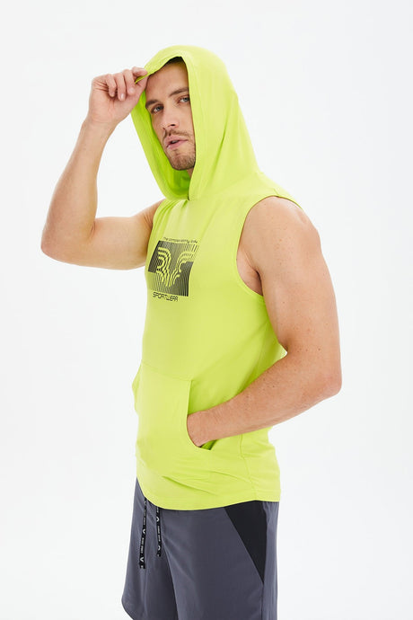 Men's Blue Cotton Plain Printed Pocket Hooded Sleeveless Casual Sports Zero Sleeve Athlete T-shirt T