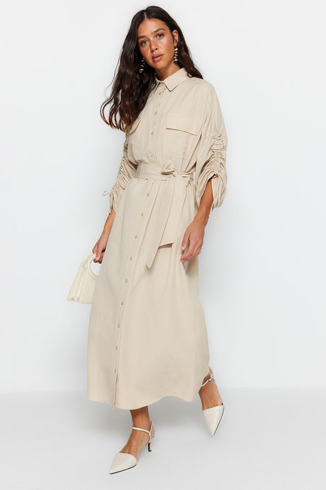 Beige Belted Sleeves Adjustable Detailed Cotton Woven Shirt Dress Tctss23eb00365