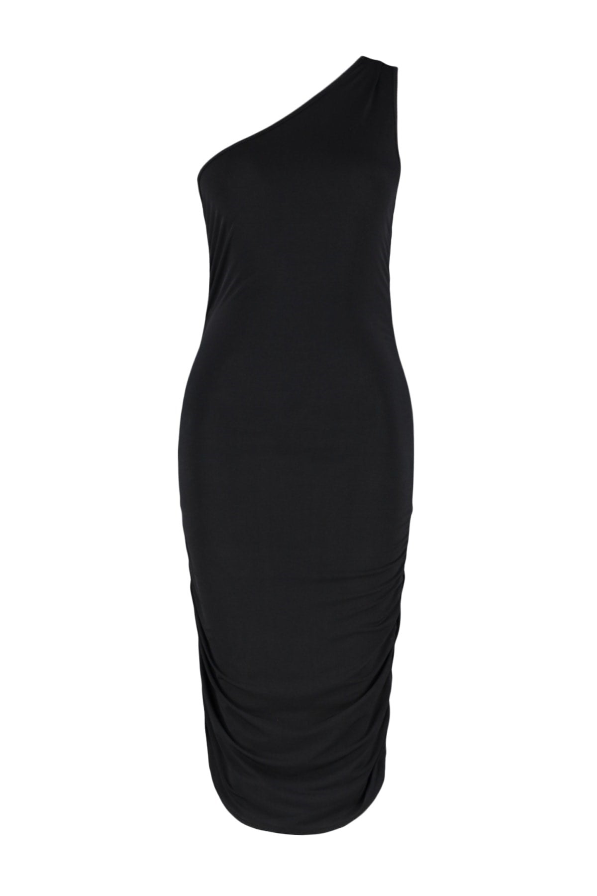 Black Ruffle Detailed Body Fitting One Shoulder Mini Flexible Knit Pencil Dress Twoss23el00402