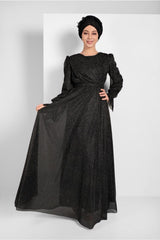 Women's Black Sleeves Ruffle Silvery Tulle Evening Dress 1710 20yabltr1710