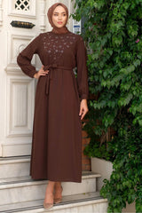 Stone Embroidered Belted Dress Brown Hm2220