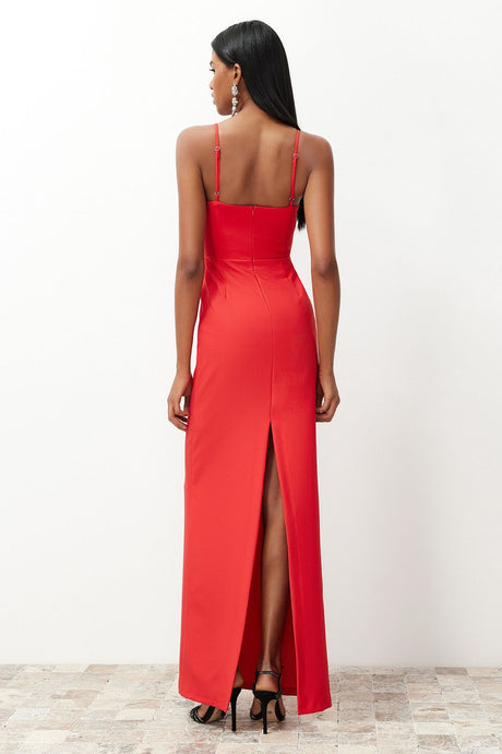 Red Chest Detailed Body Sitting Long Night Evening Dress Tprss24ae00115