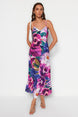 Multicolor Floral Pattern Straight Cut Strappy Midi Satin Woven Dress Twoss23el02416