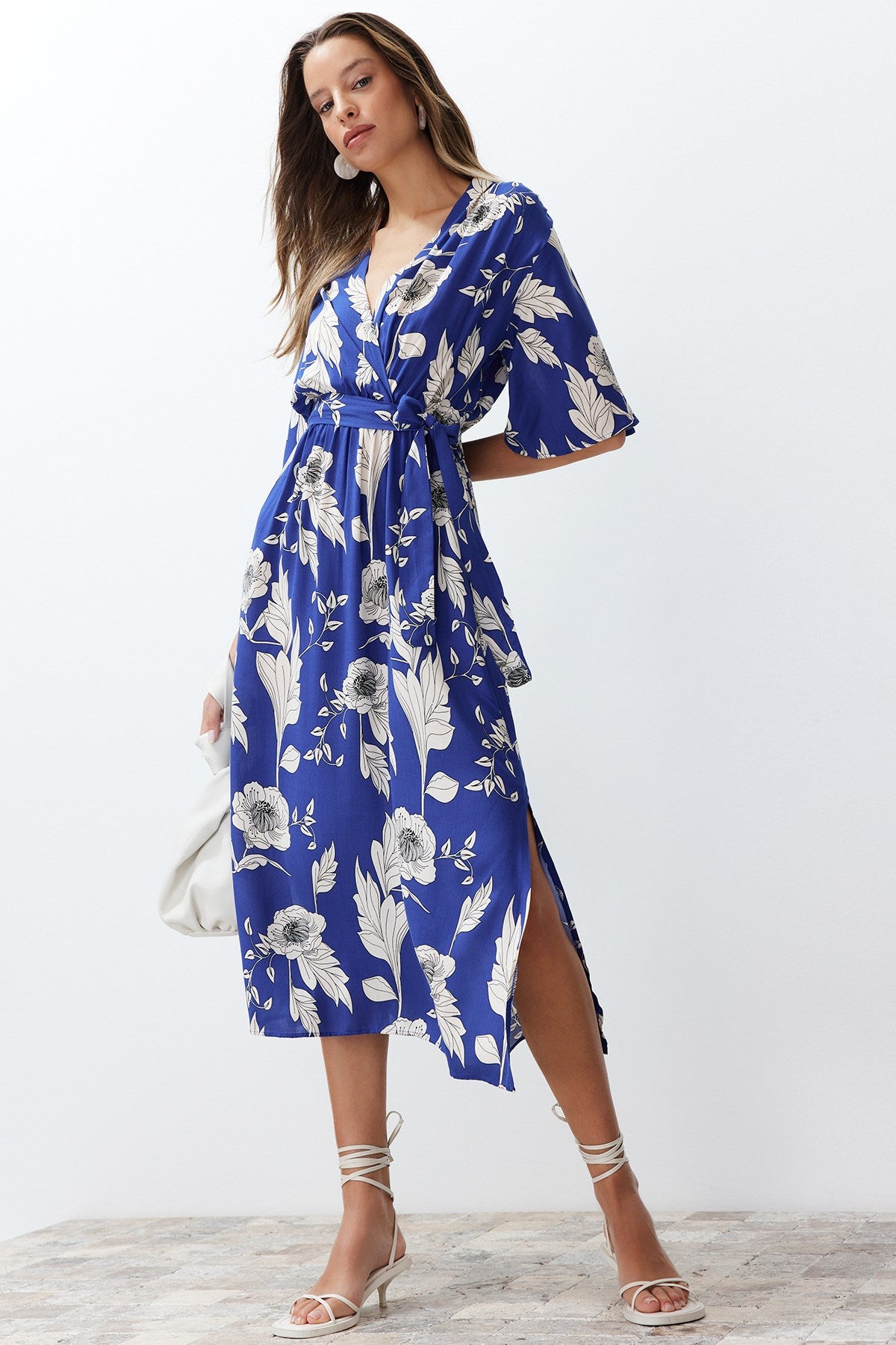 Black Belted Floral Print A Cut Double Neck Midi Woven Dress Twoss24el00915