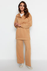 Camel Collar Detailed Hooded Divers/scuba Knitted Tracksuit Tctaw24en00011