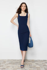 Dark Blue Stitching Detailed Denim Midi Dress Twoss24el00380