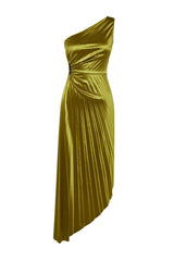 Light Green Asymmetric Knitted Pleated Detailed Satin Evening Dress Evening Dress Tprss23el00557