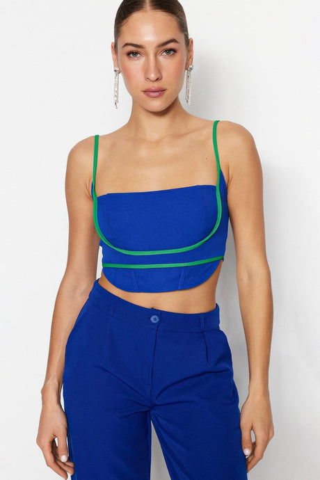 Blue-green Crop Woven Spliced Bustier Tprss23bs00016