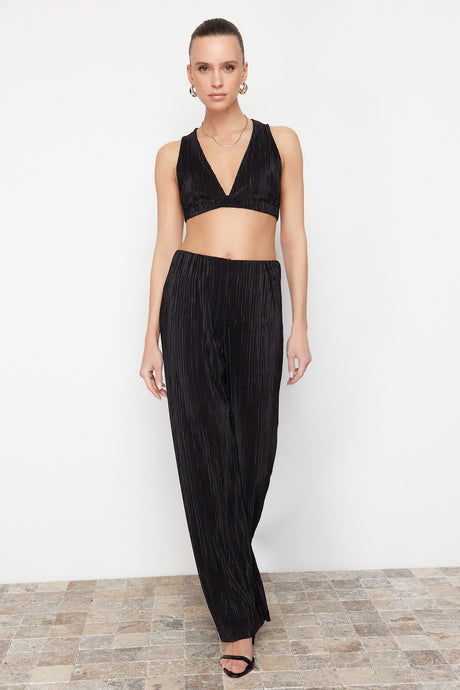 Black Pleated Wide Leg/wide Leg Lined Stretch Knit Pants Twoss24pl00033