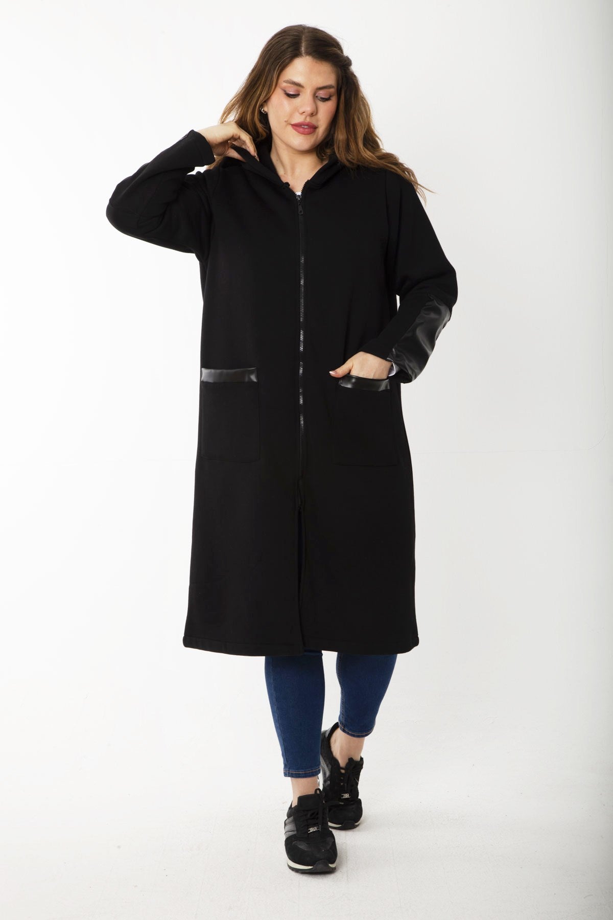 Women's Plus Size Smoked Front Zipper Hooded Unlined Faux Leather Garnished Coat 65n37179