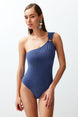 Navy Blue One Shoulder Accessory Silvery Regular Swimsuit Tbess24ma00146