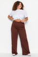 Brown Wide Cut Knitted Crepe High Waist Ribbed Pants Tbbss23ar00021