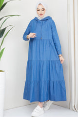 Hooded Detailed Denim Dress Dark Blue 2096