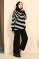 Navy Blue Collar Zipper Striped Knitwear Suit Imj002268