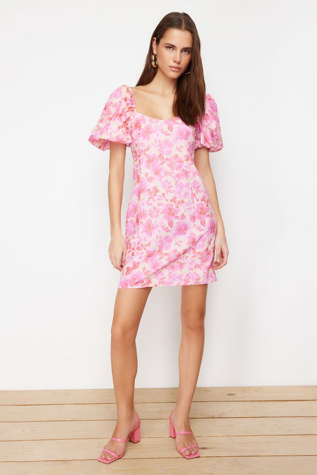 Pink Floral A Cut Balloon Sleeve Mini Woven Dress Twoss24el00694