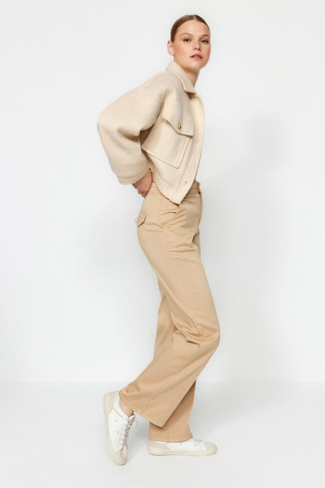 Beige Stitching Detailed Satin High Waist Wide Leg Jeans Twoaw24je00297