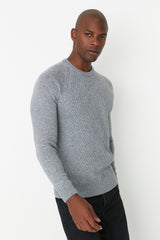 Grey Men's Slim Fit Crew Neck Raglan Sleeve Textured Wool Blended Knitwear Sweater Tmnaw22kz0290