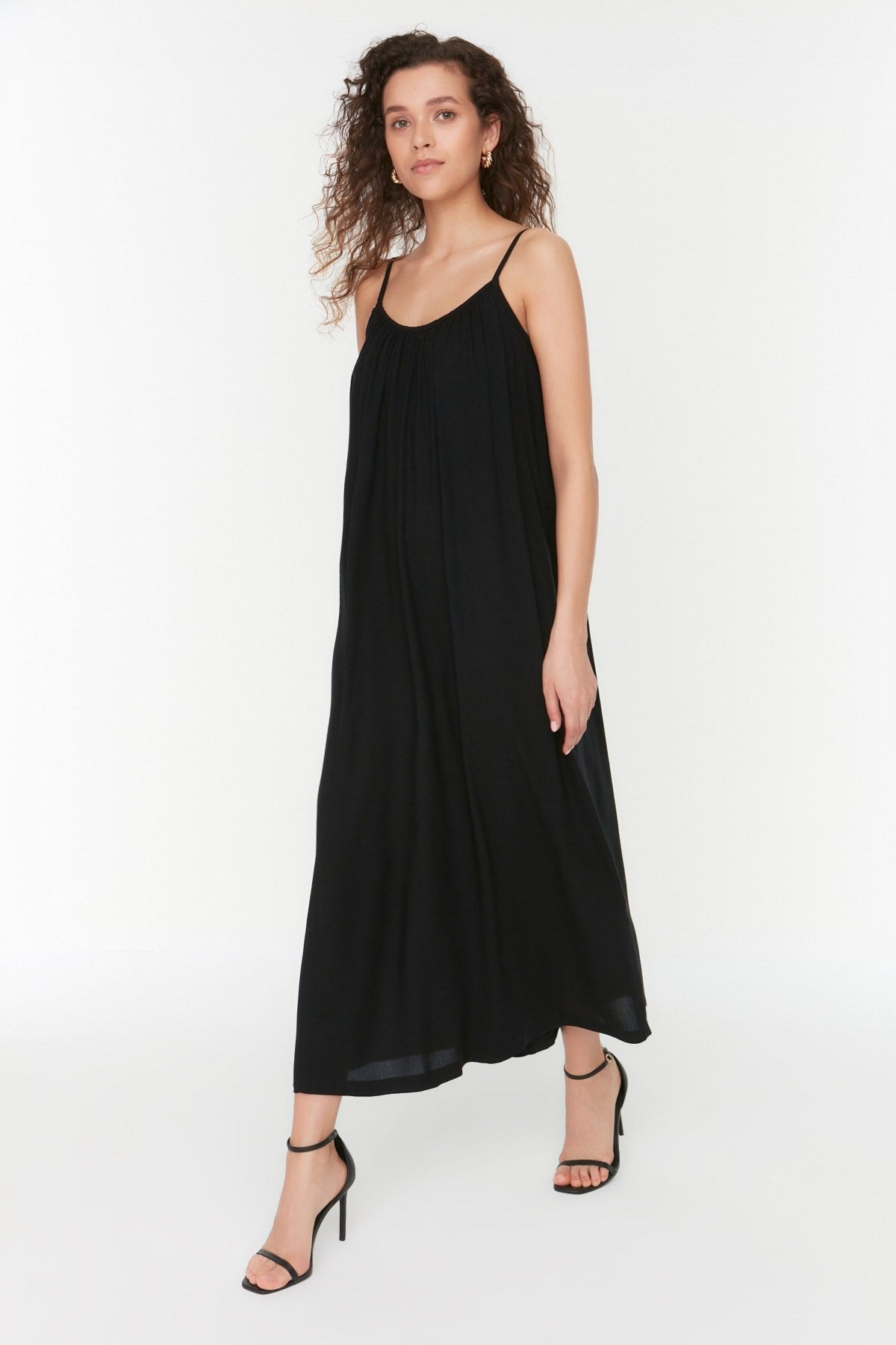 Black Shift/straight Cut Viscose Strappy Maxi Woven Dress Twoss22el00068