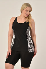 Women's Black Striped Plus Size Shorts Tankini 16169381