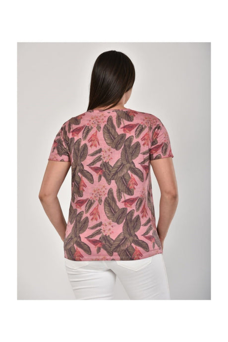 Leaf And Flower Printed Oil Wash T-shirt Light Pink Pra-493228-977244