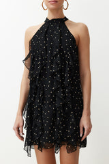 Black Polka Dot Ruffle Chiffon Lined Mini Woven Dress Twoss24el00540