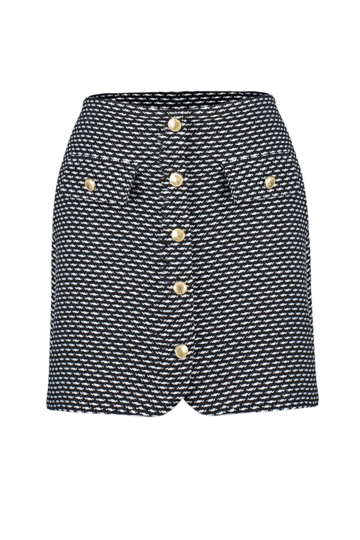 Black Button Detailed Tweed Fabric Mini Woven Skirt Twoaw24et00142