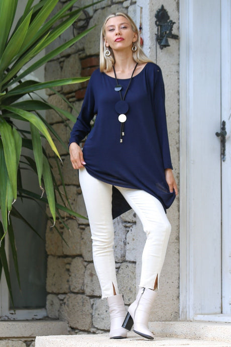 Navy Boat Neck Long Sleeve Knitted Asymmetric Casual Blouse M10010200bl92831