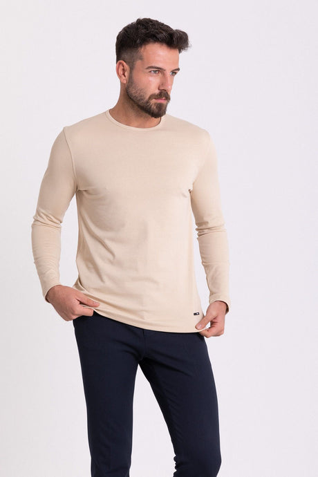 Flat Tile Color Slim Fit Long Sleeve Crew Neck Men's T-shirt 36671.21k