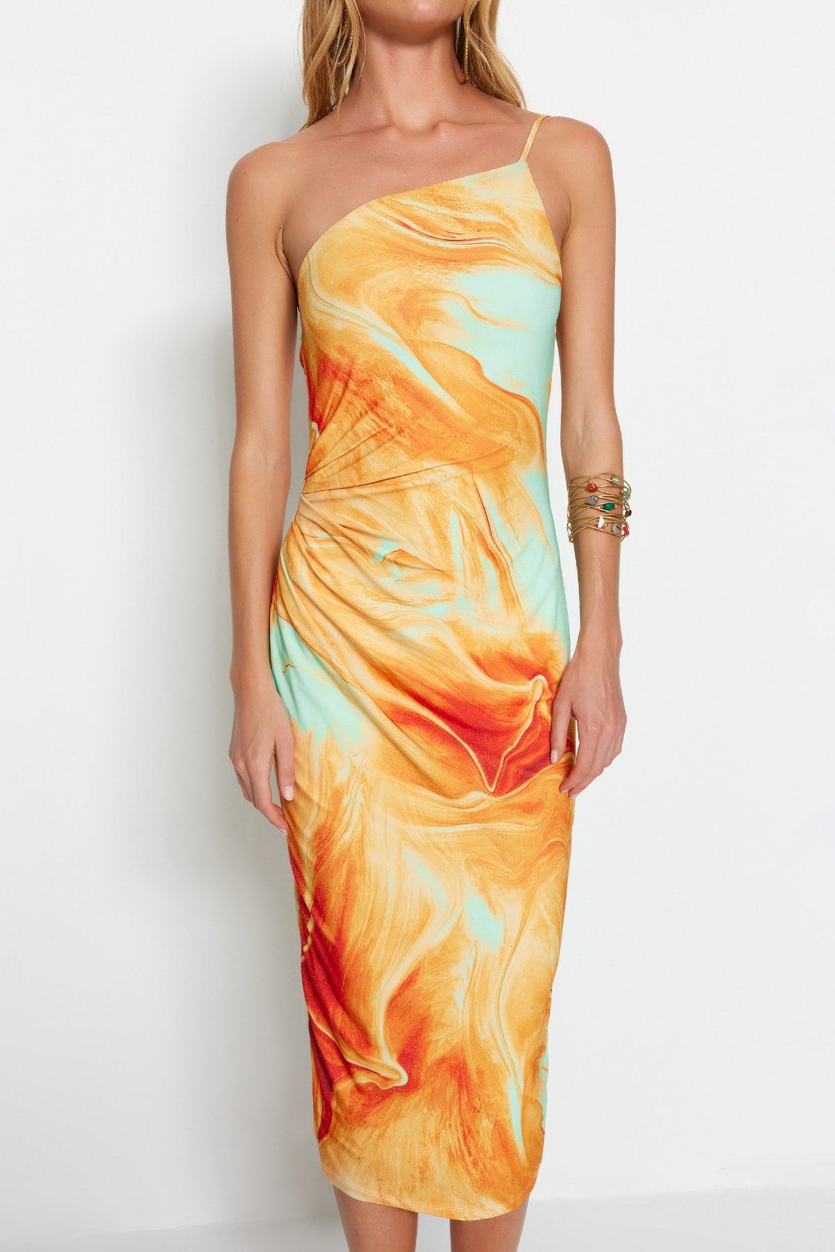 Orange Printed Body Fitting Midi One Shoulder Flexible Knit Pencil Dress Twoss23el01577