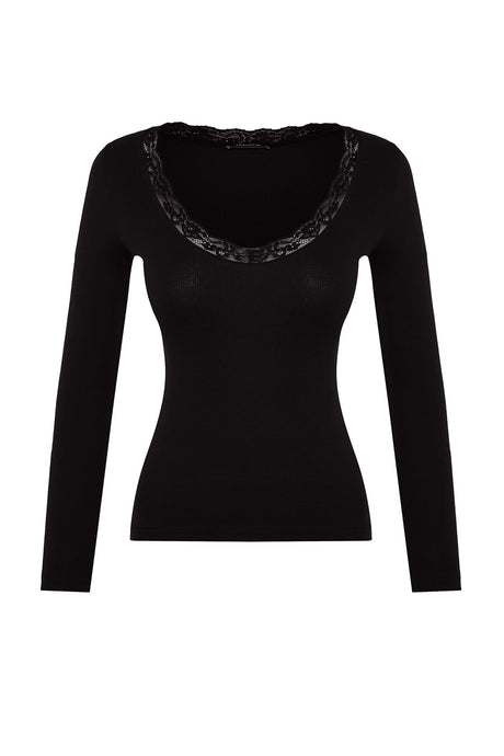 Black V Neck Lace Detailed Ribbed Fitted/body-fitting Cotton Stretch Knit Blouse Twoaw24bz00070