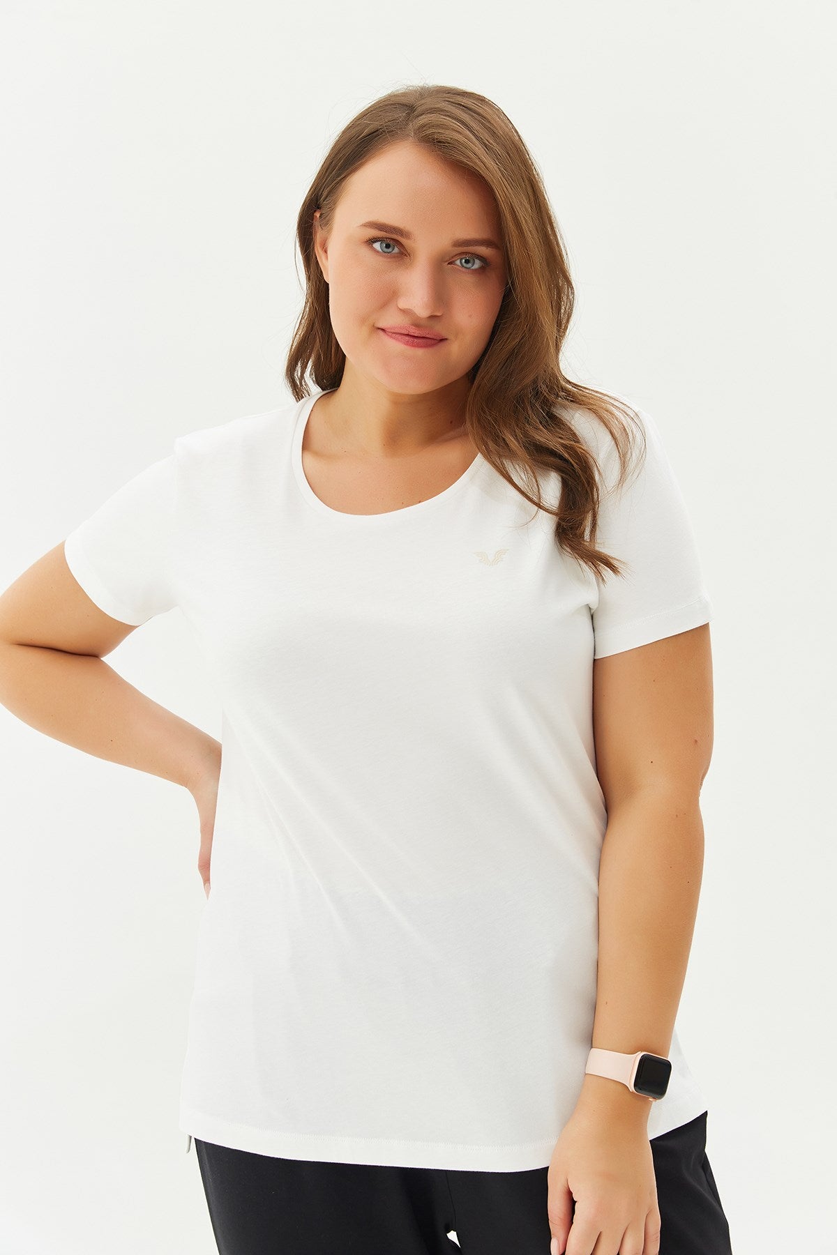 Women's Cream Plus Size 100% Cotton Crew Neck Back Long Basic Short Sleeve Sports Casual T-shirt 010