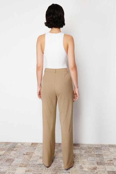 Beige Premium Straight/straight Cut Asymmetric Waist Detailed Woven Pants Twoss24pl00067