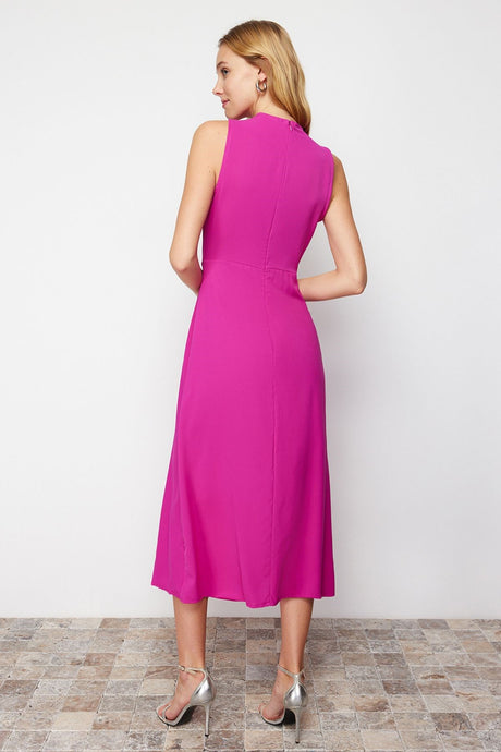 Pink Degaje Neckline Skirt Cut Detailed Midi Woven Dress Twoss24el00390